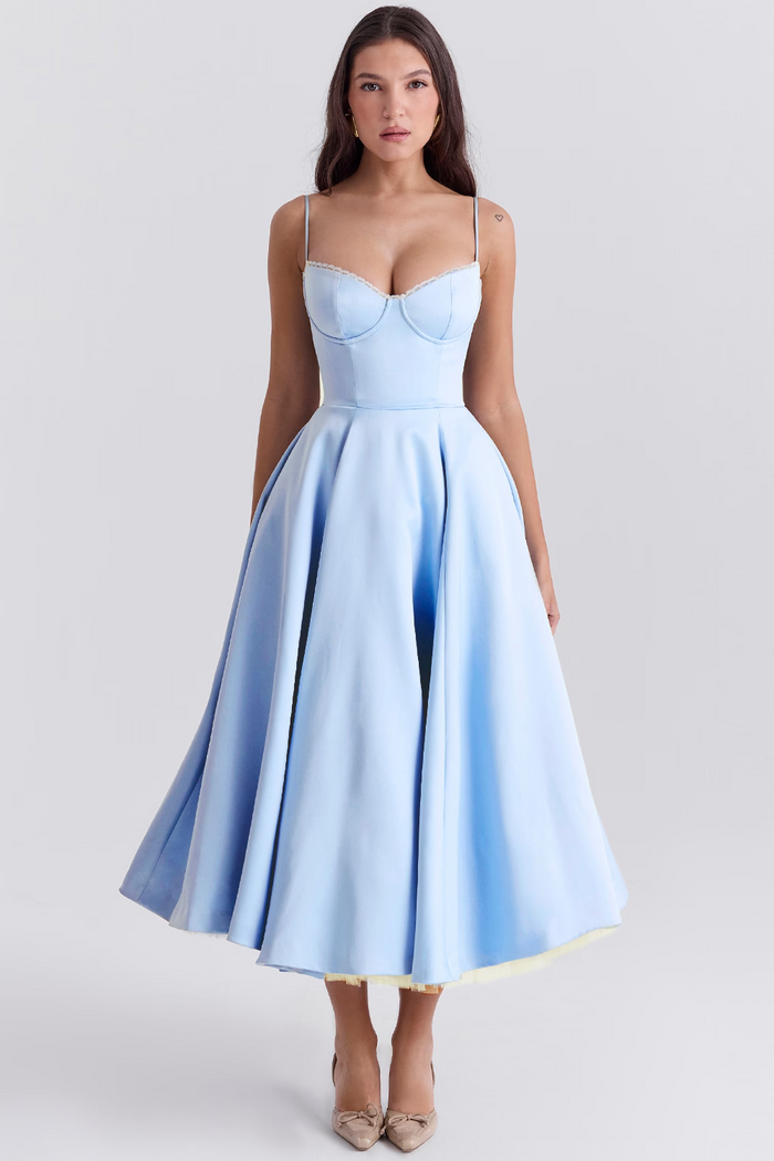Elegant White Satin Midi Dress with Spaghetti Straps and Tulle Skirt for Women - Perfect for Special Occasions-1