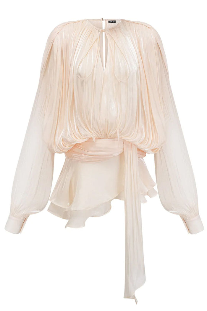 Elegant Women's Dress with Ruched Design, Lantern Sleeves, and High Waist for Summer Events
