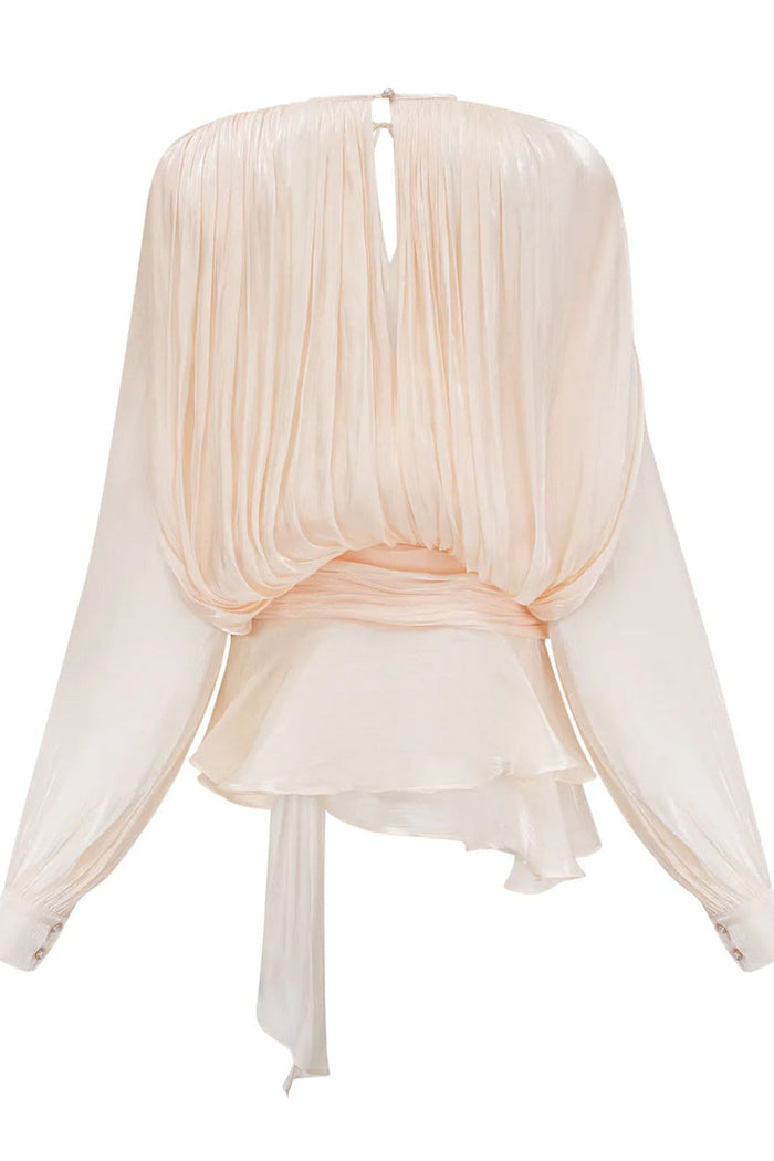 Elegant Women's Dress with Ruched Design, Lantern Sleeves, and High Waist for Summer Events
