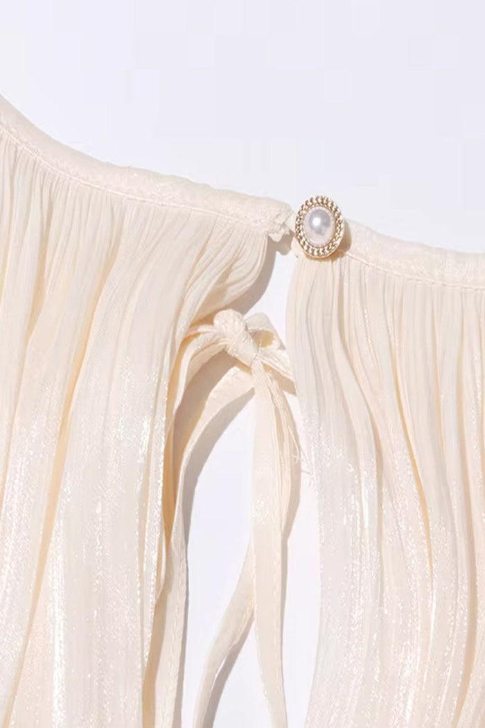 Elegant Women's Dress with Ruched Design, Lantern Sleeves, and High Waist for Summer Events