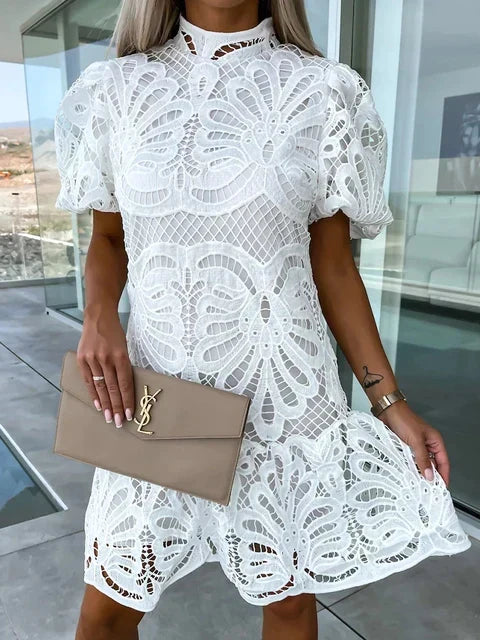 Elegant Women's Embroidered Puff Sleeve Dress, Lightweight Summer Dress for Casual and Formal Occasions-4