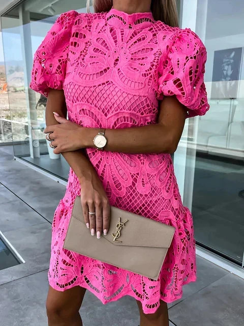 Elegant Women's Embroidered Puff Sleeve Dress, Lightweight Summer Dress for Casual and Formal Occasions-5