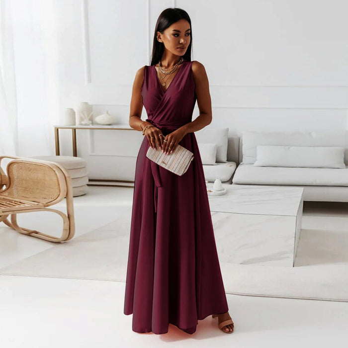 Elegant Women's Maxi Dress with V Neckline - Versatile Long Formal Dress for All Occasions-3