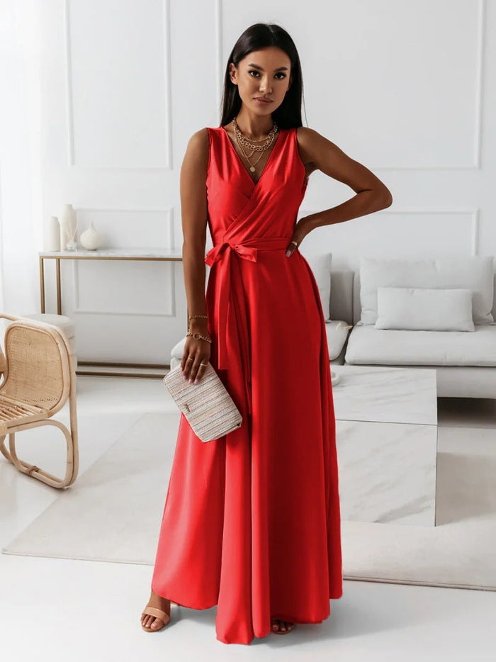 Elegant Women's Maxi Dress with V Neckline - Versatile Long Formal Dress for All Occasions-4