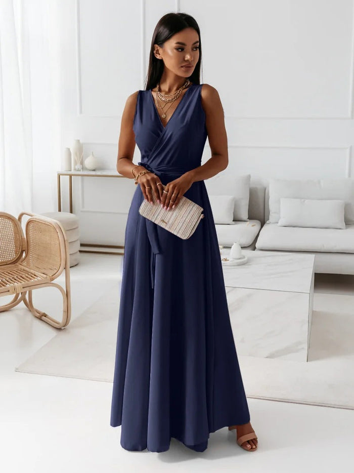 Elegant Women's Maxi Dress with V Neckline - Versatile Long Formal Dress for All Occasions-6
