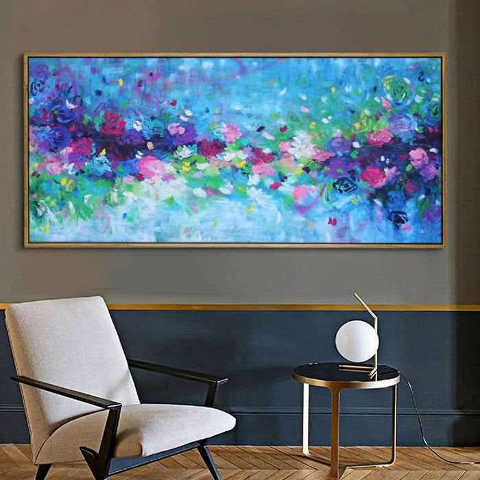 Extra Large Abstract Oil Painting Living Room Blue Painting Green Painting White Art Canvas | Fallen flowers