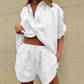 Fashion Solid Shirt Home Suits Casual Short Sleeve Tops & Drawstring Shorts Set for Women