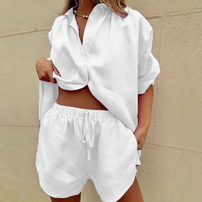 Fashion Solid Shirt Home Suits Casual Short Sleeve Tops & Drawstring Shorts Set for Women