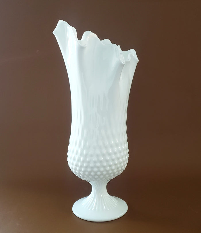 Fenton Large 14" White Hobnail Milk Glass Handkerchief Vase