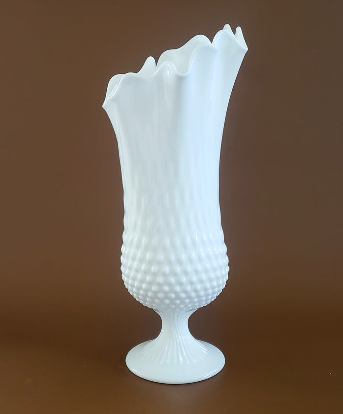 Fenton Large 14" White Hobnail Milk Glass Handkerchief Vase