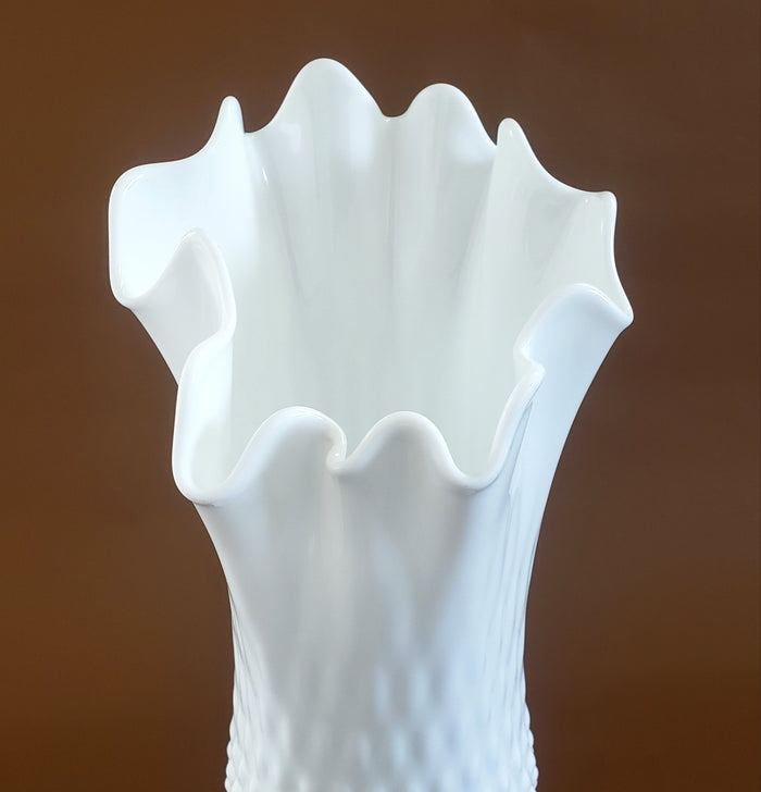 Fenton Large 14" White Hobnail Milk Glass Handkerchief Vase
