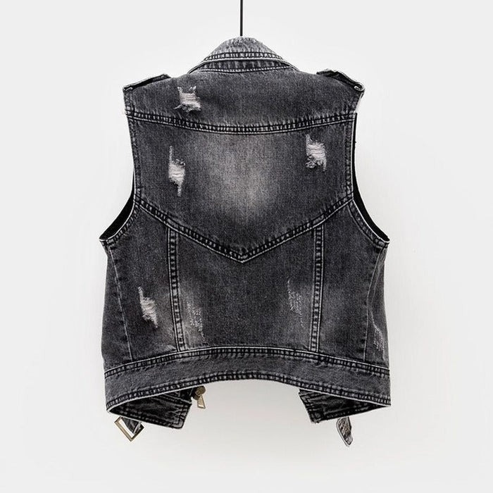 Fitted Women's Denim Vest - Moto Crop, Distressed, Casual