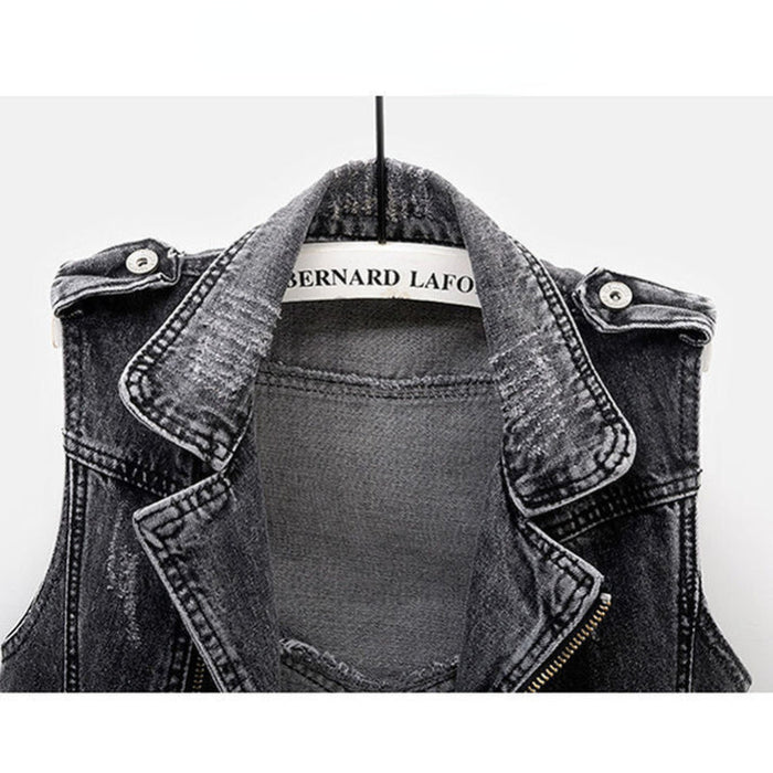 Fitted Women's Denim Vest - Moto Crop, Distressed, Casual