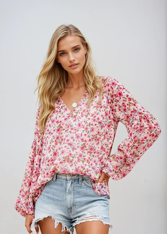 Floral Print White Blouse for Women, Lightweight Summer Top, Plus Size Casual Loose Fit in Green, Purple, Pink-1