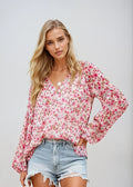 Variant image for Floral Print White Blouse for Women, Lightweight Summer Top, Plus Size Casual Loose Fit in Green, Purple, Pink-1