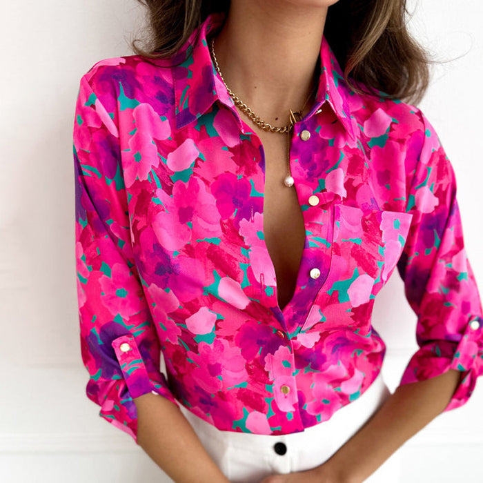Floral Print Womens Blouse with Lace Collar, Three-Quarter Sleeves, Casual Summer Top for Women-1