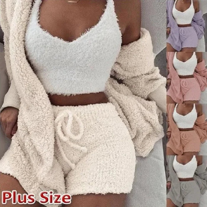 Fluffy Pajamas Set for Women Plus Size Tank Top Shorts Winter Sleepwear