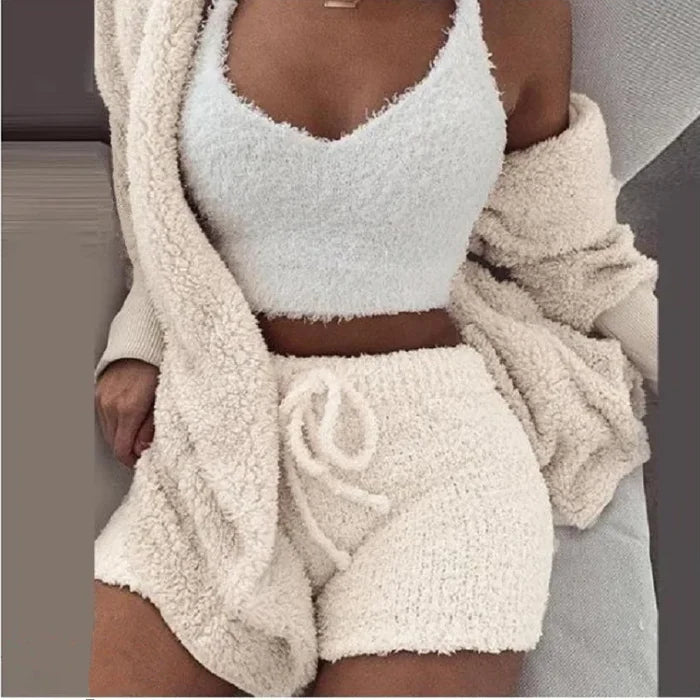 Fluffy Pajamas Set for Women Plus Size Tank Top Shorts Winter Sleepwear