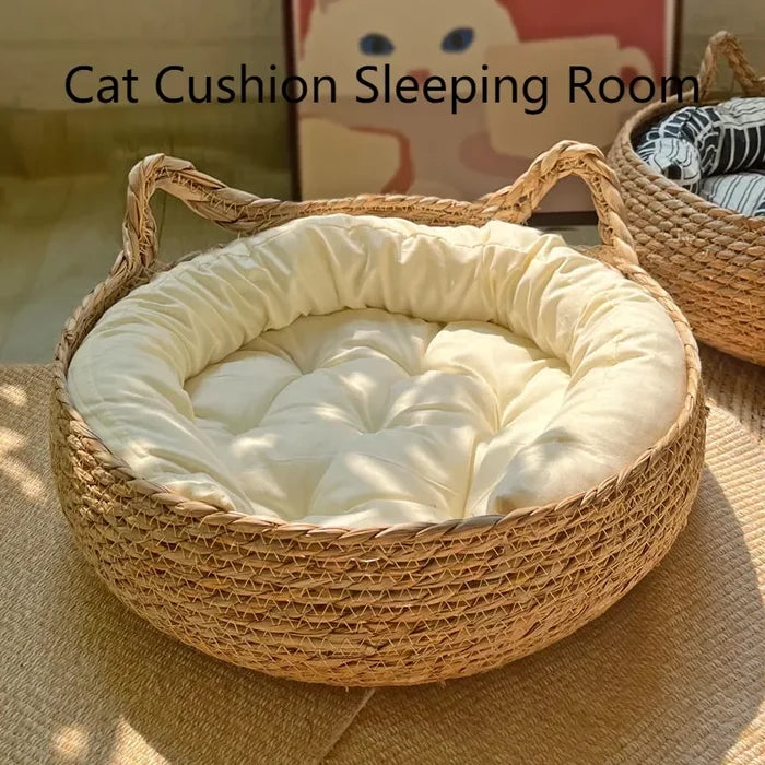 Handmade Vine Woven Cat Nest - Detachable Washable Winter Warmth Pad for Pet Supplies