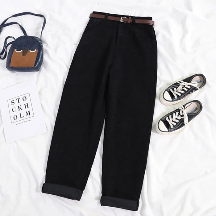 High Waist Corduroy Pants for Women, Wide Leg Cotton Trousers in Black and Coffee, Comfortable Casual Style-1