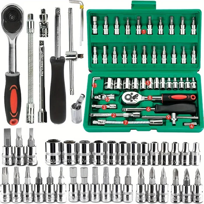 Home Tools Drive Socket Set - 1/4 Inch Ratchet Wrench & Metric Hex Bit Kit for Mechanics