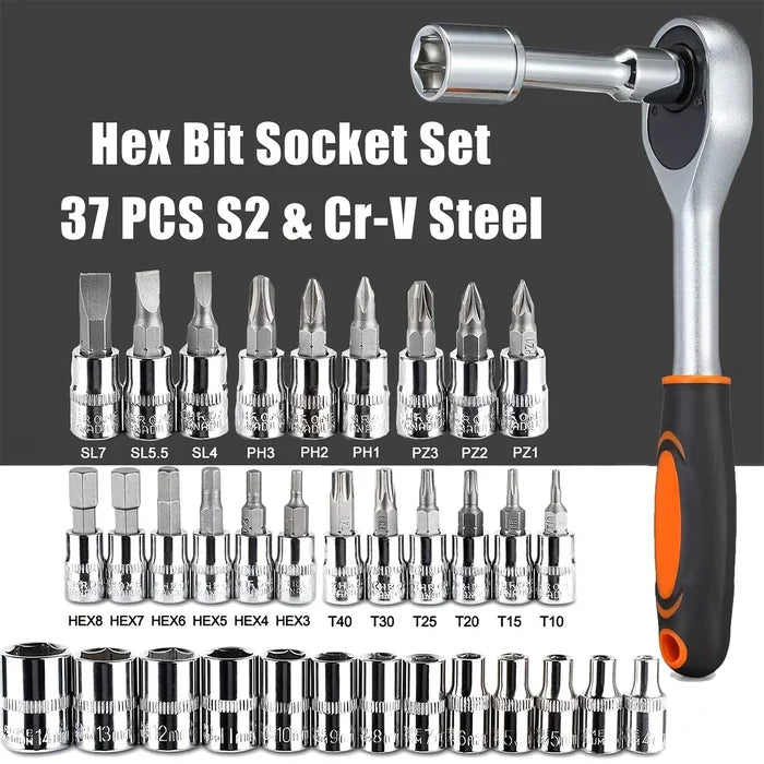 Home Tools Drive Socket Set - 1/4 Inch Ratchet Wrench & Metric Hex Bit Kit for Mechanics