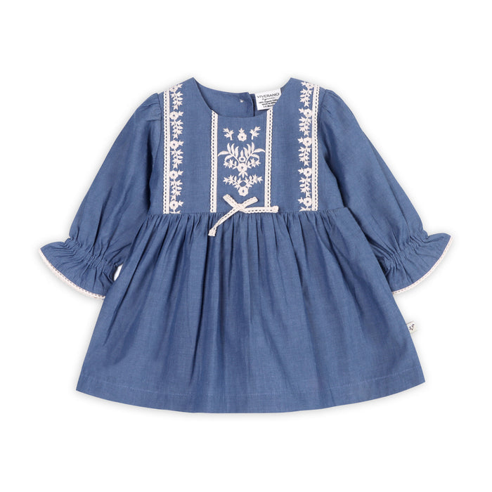 Hudson Soft Chambray Embroidered Baby Dress & Bloomer Set (Organic Cotton)