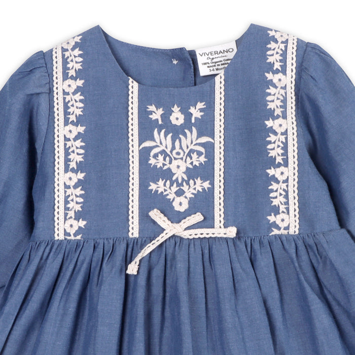 Hudson Soft Chambray Embroidered Baby Dress & Bloomer Set (Organic Cotton)