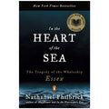 Cover of the book 'In the Heart of the Sea: The Tragedy of the Whaleship Essex' by Nathaniel Philbrick. The cover image features a dark, textured background with a waves in the foreground.