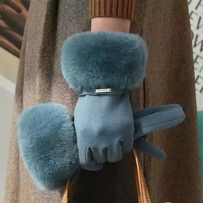 Insulating Women's Gloves - Fur Cuff, Suede, For Commuting