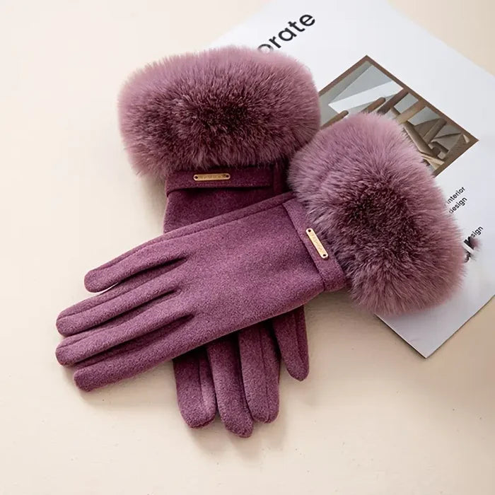Insulating Women's Gloves - Fur Cuff, Suede, For Commuting