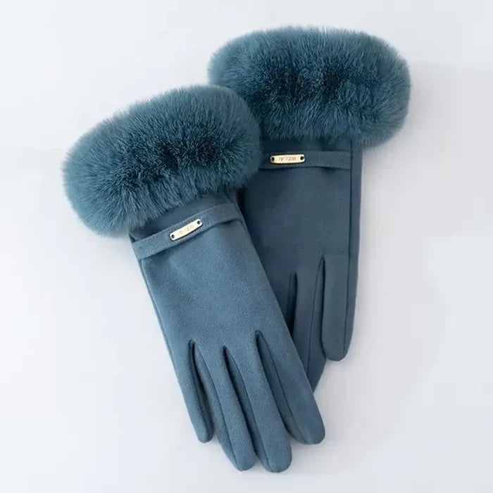 Insulating Women's Gloves - Fur Cuff, Suede, For Commuting