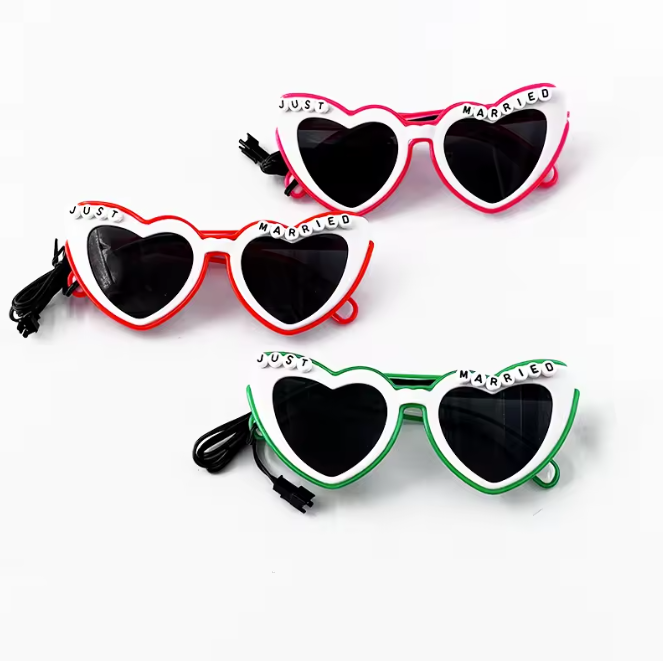 Just Married LED Flashing Sunglasses - Bachelorette Party Wedding Pink Heart Glasses