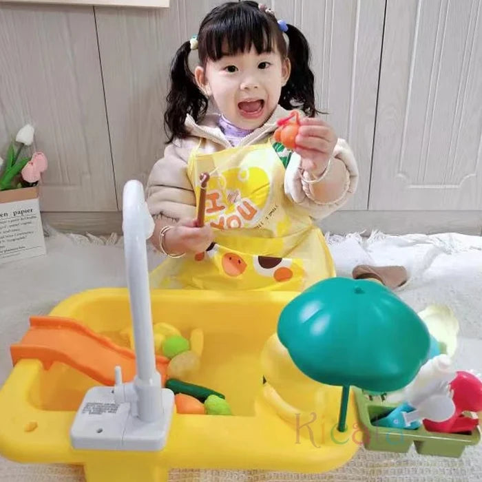 Kids Electric Kitchen Sink Toy with Running Water, Play Utensils, and Food Items for Pretend Cooking Fun-2