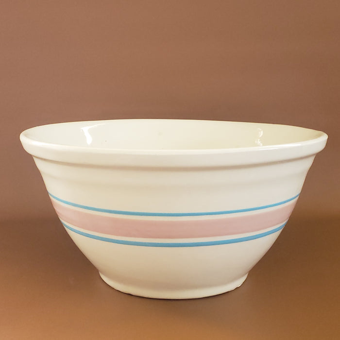 Large 12 inch Ovenware Art Pottery Mixing Bowl - Pink and Blue Bands - USA