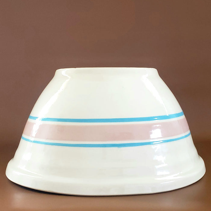 Large 12 inch Ovenware Art Pottery Mixing Bowl - Pink and Blue Bands - USA