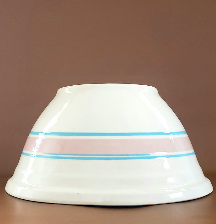 Large 12 inch Ovenware Art Pottery Mixing Bowl - Pink and Blue Bands - USA