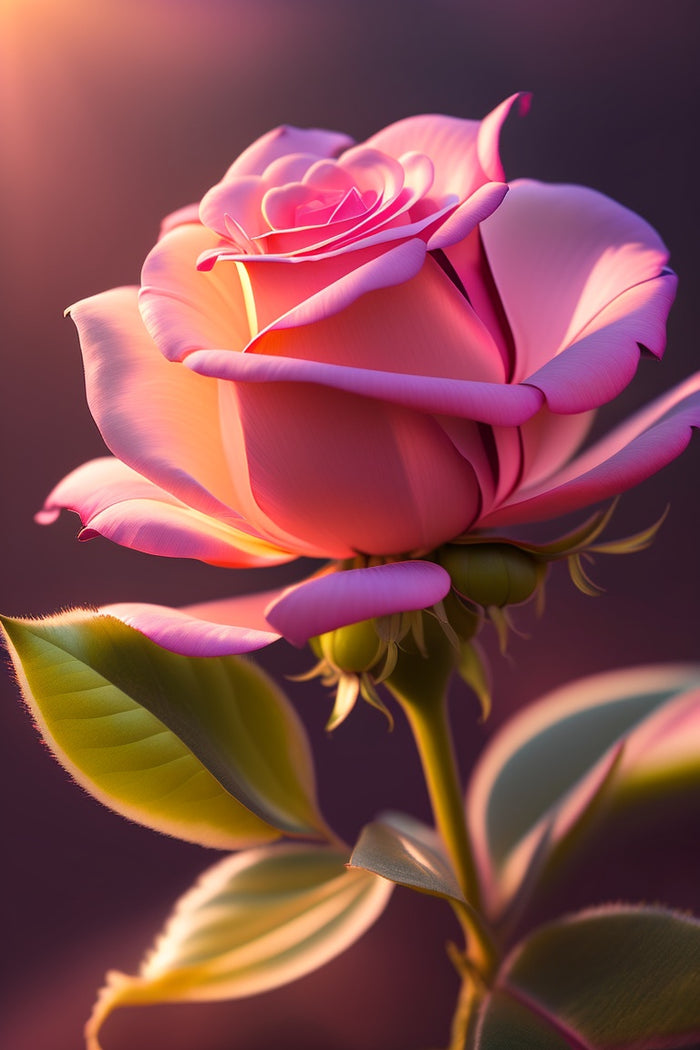 Large Pink Rose In Bloom With Sun Shining Down