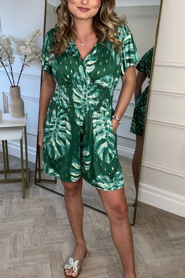 Leafy Print Women's Romper with Smocked Waist, Casual Jumpsuit for Summer Outings and Beach Wear-4
