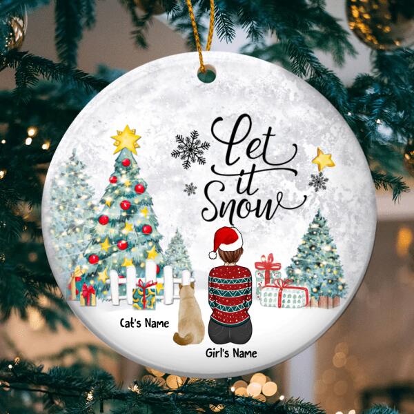Let It Snow Girl & Cats Circle Ceramic Ornament - Personalized Cat Lovers Decorative Christmas Ornament