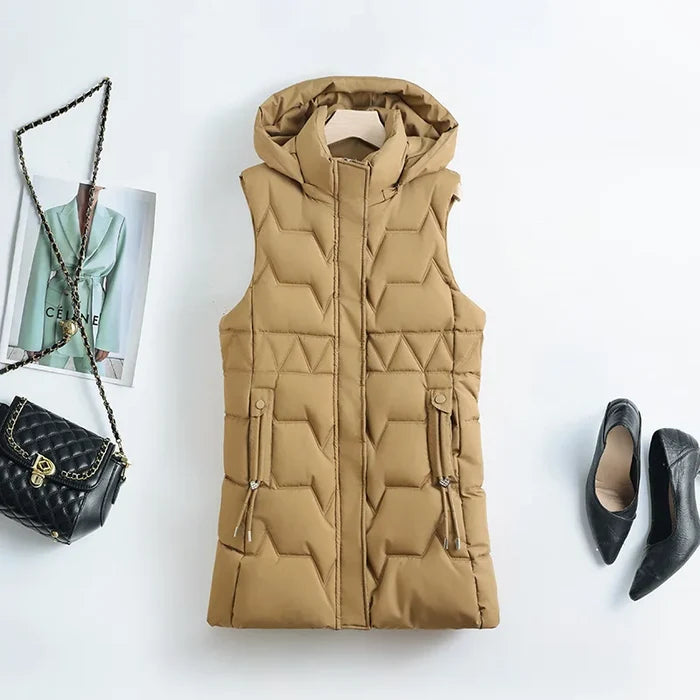 Lightweight Cozy Women Long Puffer Vest - Hooded Down