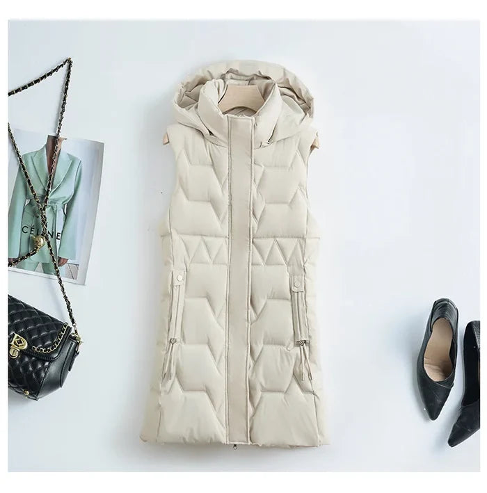 Lightweight Cozy Women Long Puffer Vest - Hooded Down