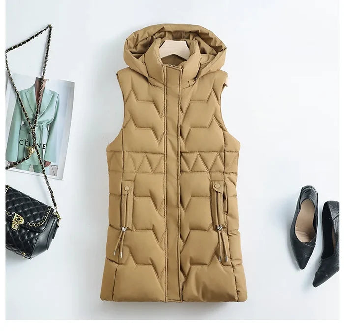 Lightweight Cozy Women Long Puffer Vest - Hooded Down