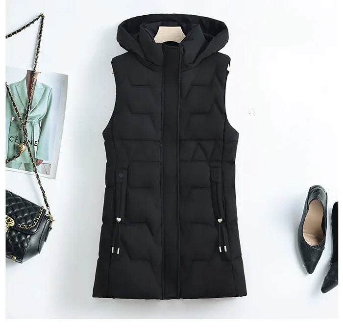 Lightweight Cozy Women Long Puffer Vest - Hooded Down
