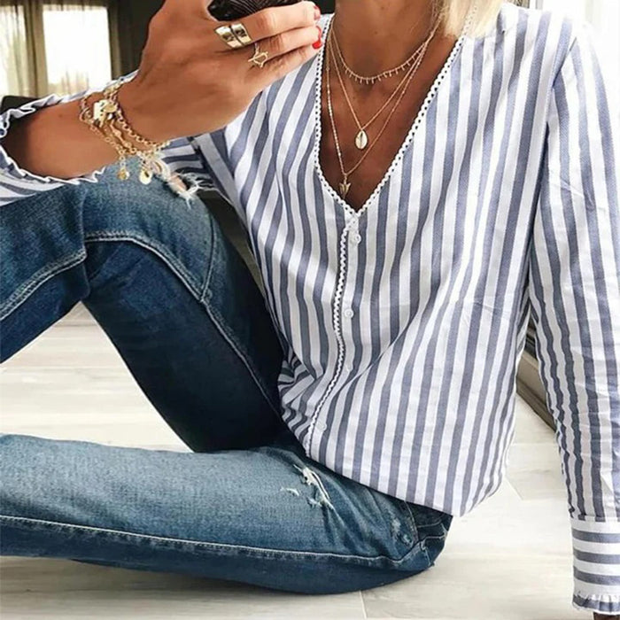 Lightweight women's blouse – long sleeve striped design, polyester, for summer outings 0