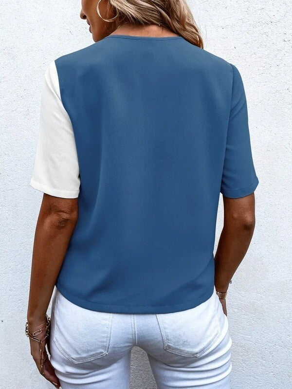 Fließende Damenbluse – V-Ausschnitt, kurzärmlig, aus Elasthan und Polyester, für Büro und Freizeit 1