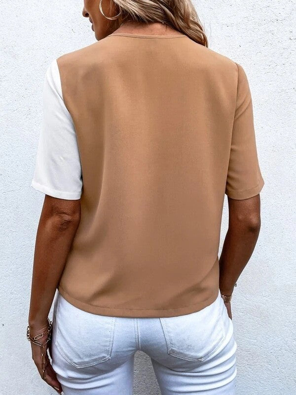 Fließende Damenbluse – V-Ausschnitt, kurzärmlig, aus Elasthan und Polyester, für Büro und Freizeit 5