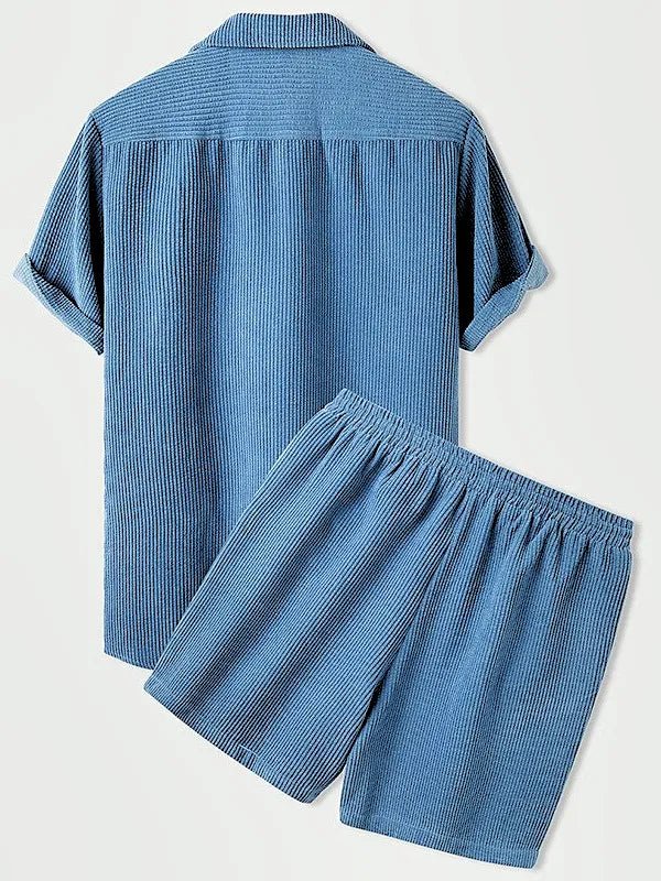 Luxury Velvet Men's Set - Short Sleeve Shirt and Matching Shorts in Elegant Ribbed Design-4