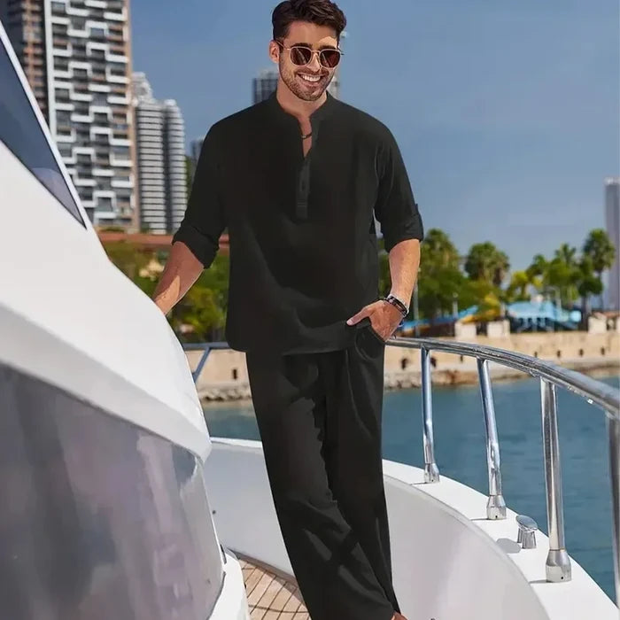 Men's Cotton Linen Shirt Two-Piece Set Casual Henley Long Sleeve Vacation Beach Wear