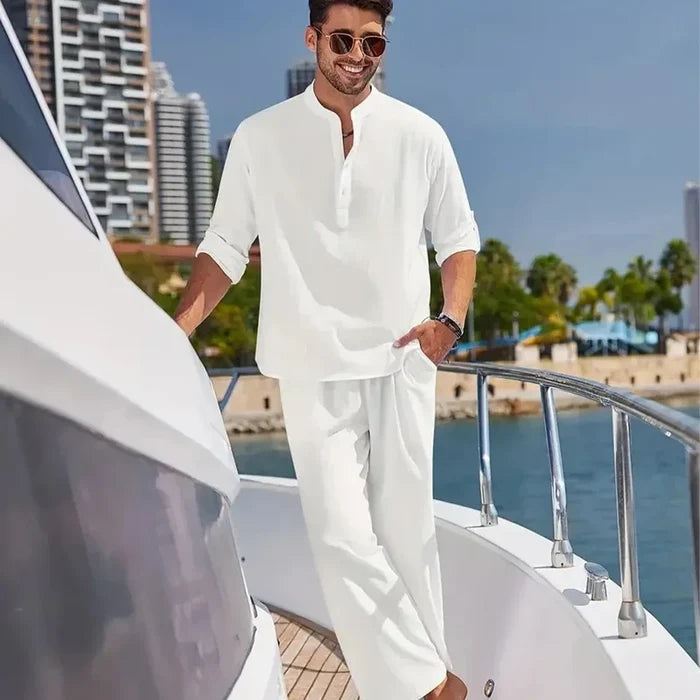 Men's Cotton Linen Shirt Two-Piece Set Casual Henley Long Sleeve Vacation Beach Wear